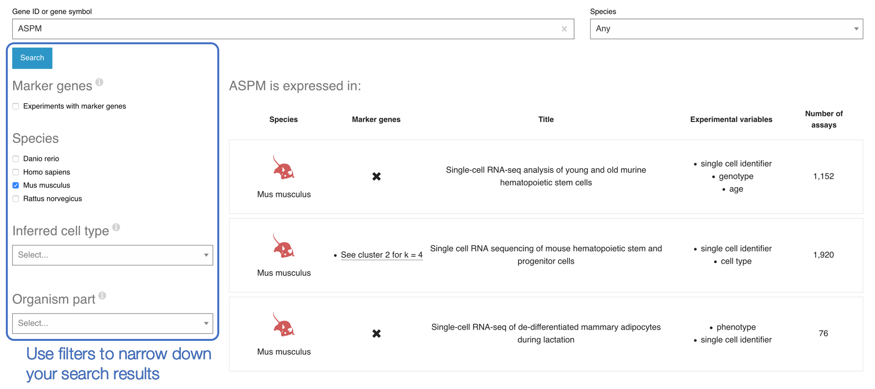 Single Cell Expression Atlas home page search results